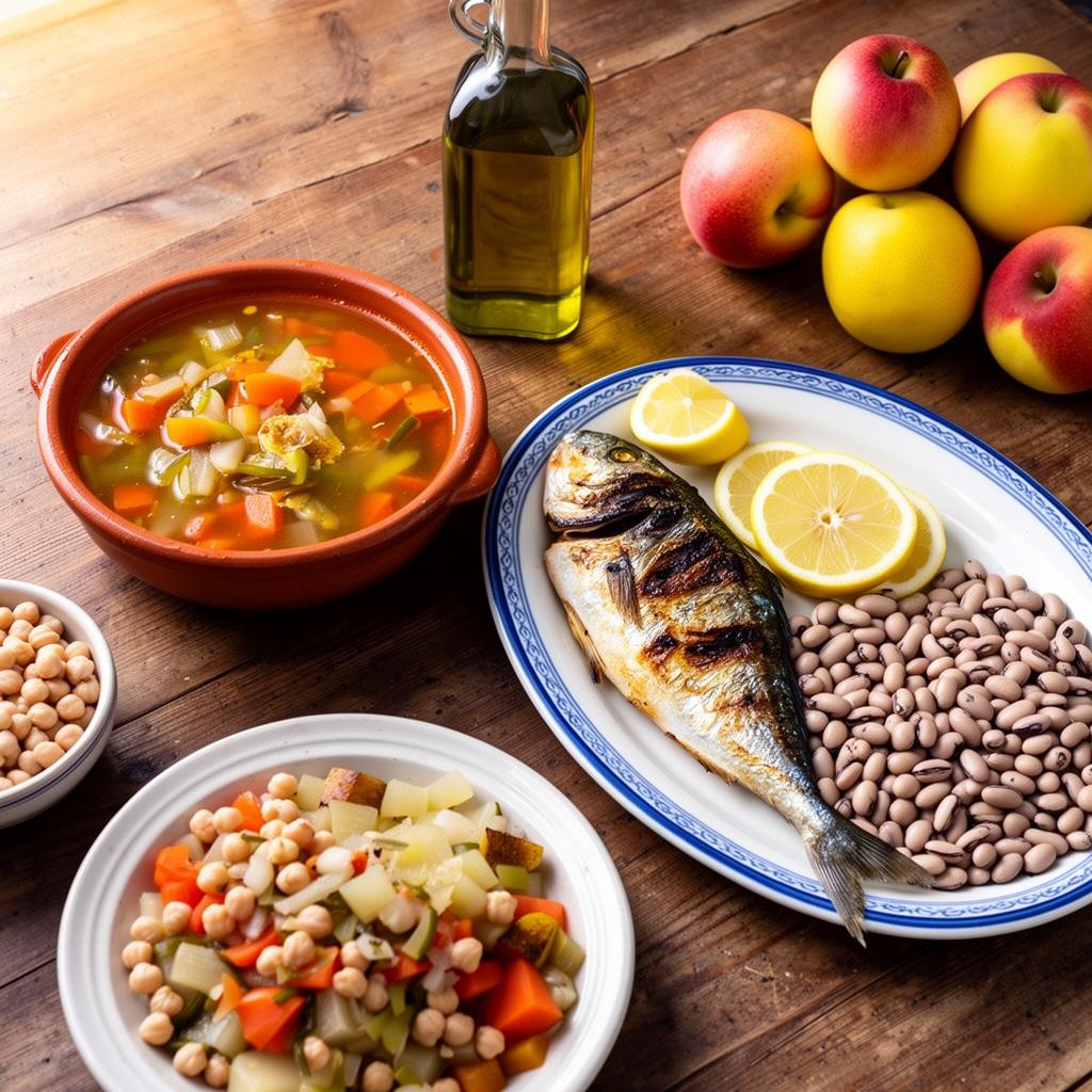 Mesa portuguesa mediterrânica com sopa, peixe, azeite e leguminosas