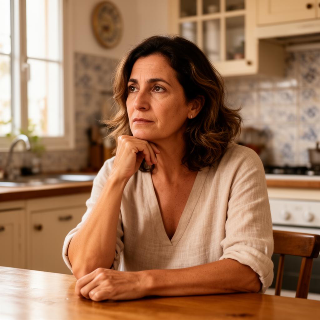 Mulher portuguesa sentada na cozinha
